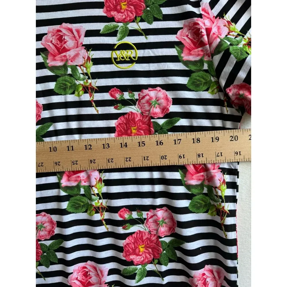 Women's T-Shirt Short Sleeve Black Stripes Floral Pattern Sleep Shirt Casual NWT - Picture 4 of 5